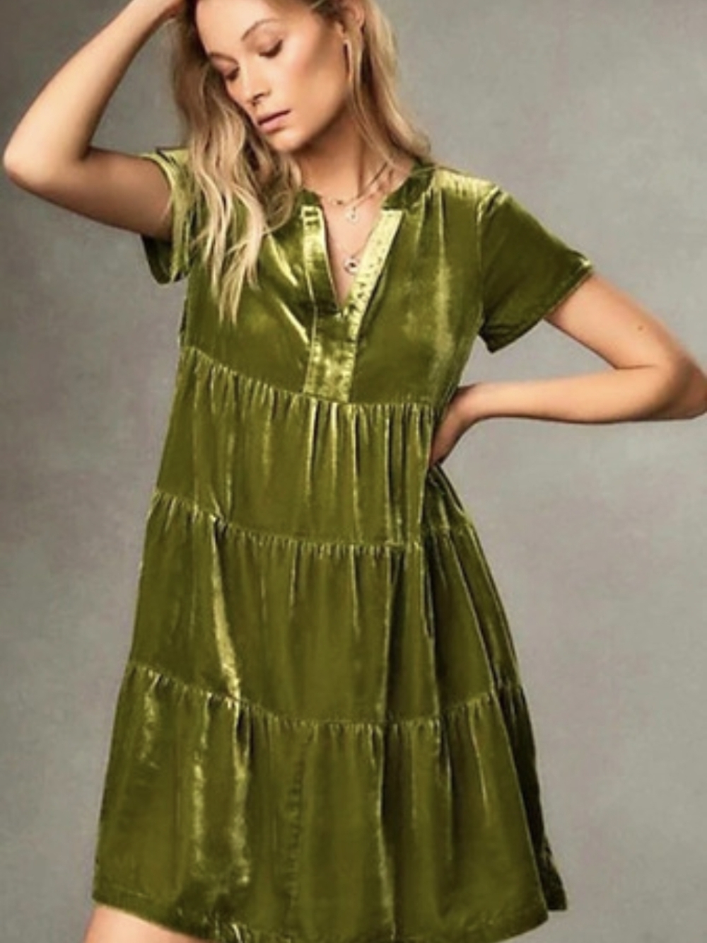 Maeve Valerie Women's Green Velour Tiered Dress Size S